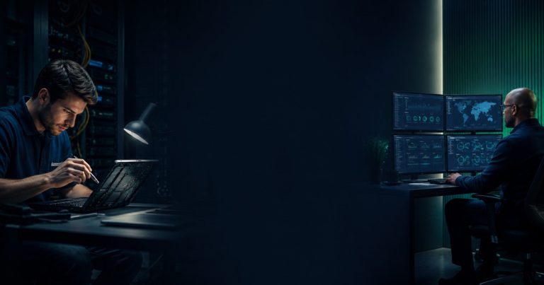 Engineer fixing one device beside a specialist monitoring managed IT systems