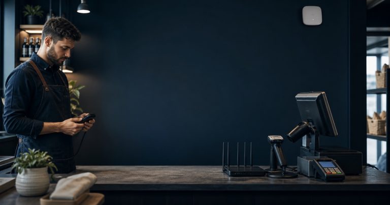 Retail worker checking a till, card terminal and shop network equipment