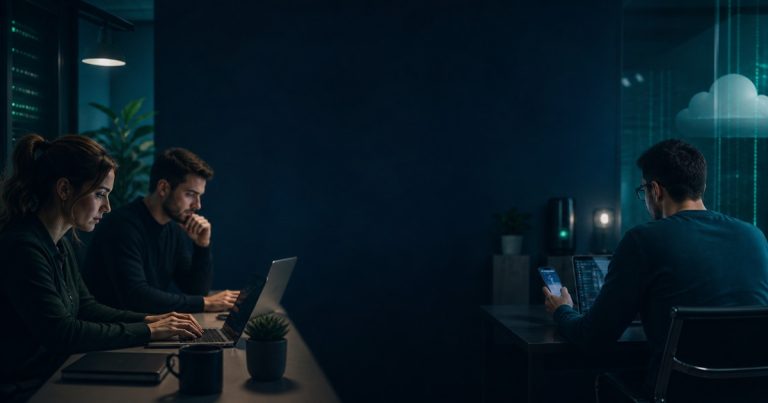 Startup team using secured laptops, mobile devices and cloud services