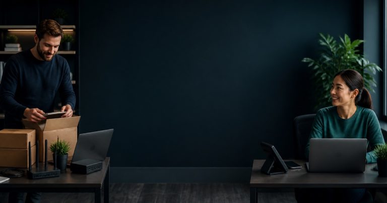 Founder preparing secure technology and a laptop for a startup first hire