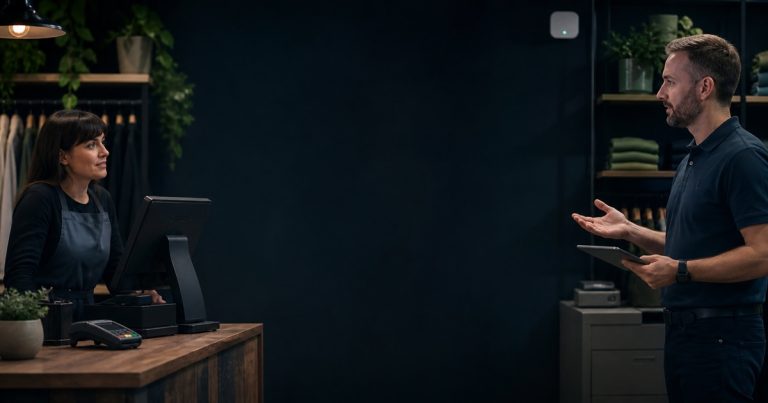 IT technician supporting a shop worker and point-of-sale system
