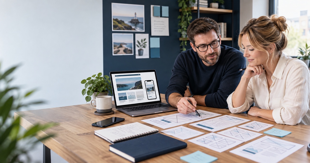 Small-business owner and web strategist scoping pages, content and features for a new website