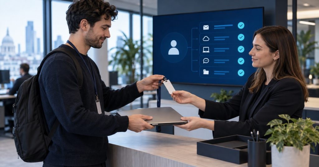 Contractor returning a company laptop and access badge during secure offboarding