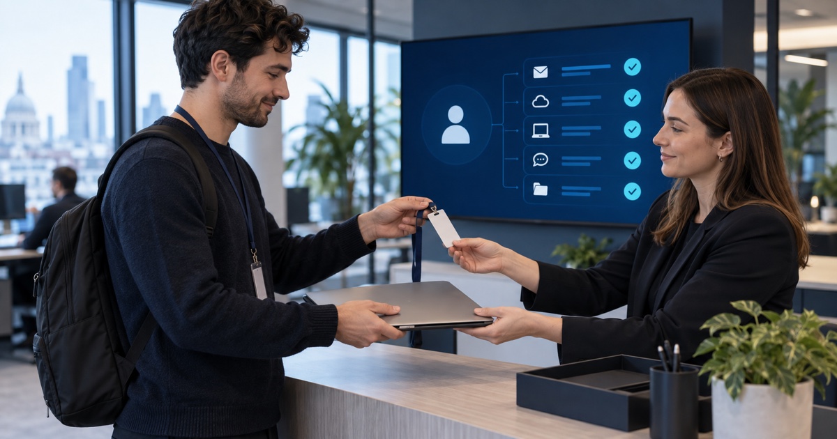 Contractor returning a company laptop and access badge during secure offboarding