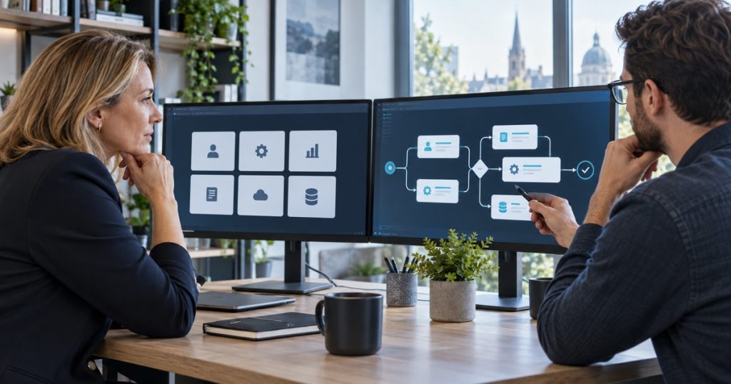 Operations director and software architect comparing packaged and tailored software approaches