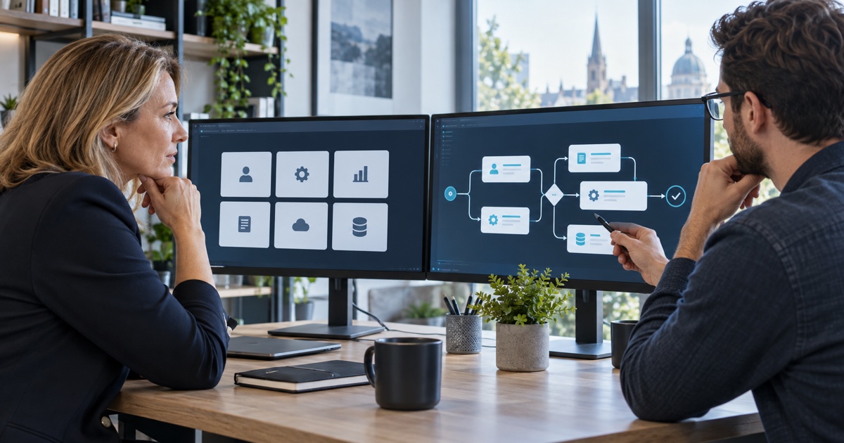 Operations director and software architect comparing packaged and tailored software approaches