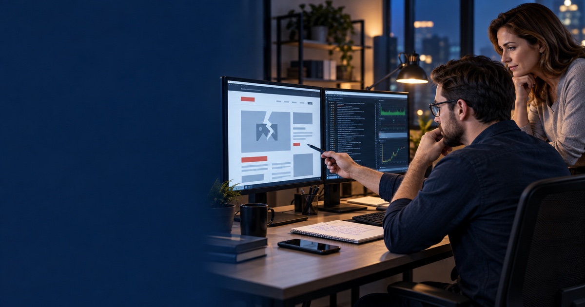 Web engineer and business owner calmly diagnosing an urgent WordPress website failure