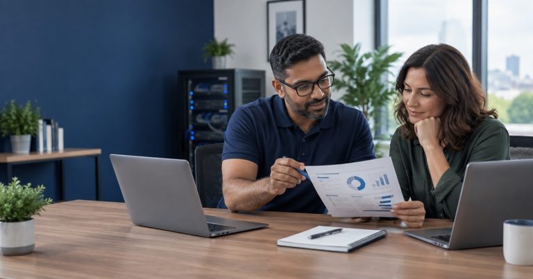 Small-business owner reviewing a managed IT support plan and budget with a technology specialist
