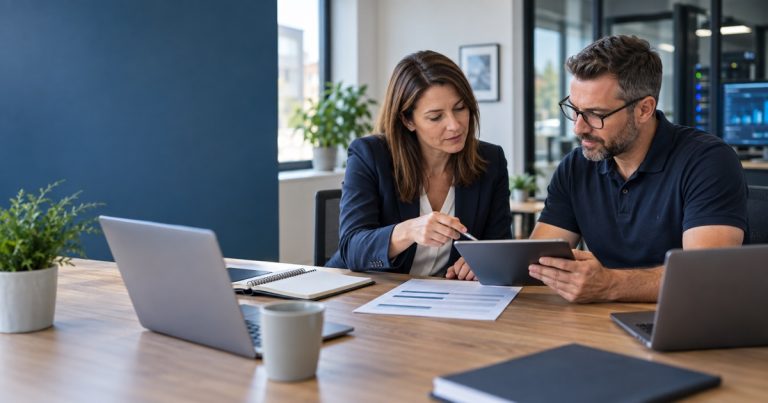 Small-business director and IT provider reviewing support scope, service levels and responsibilities