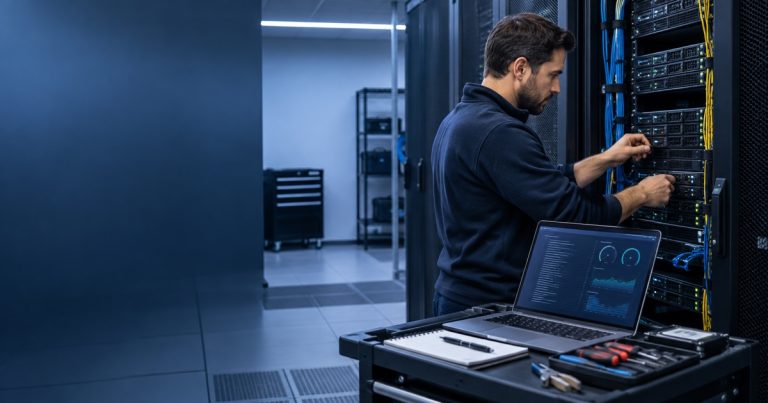Linux systems engineer carrying out planned maintenance on rack servers with a health dashboard