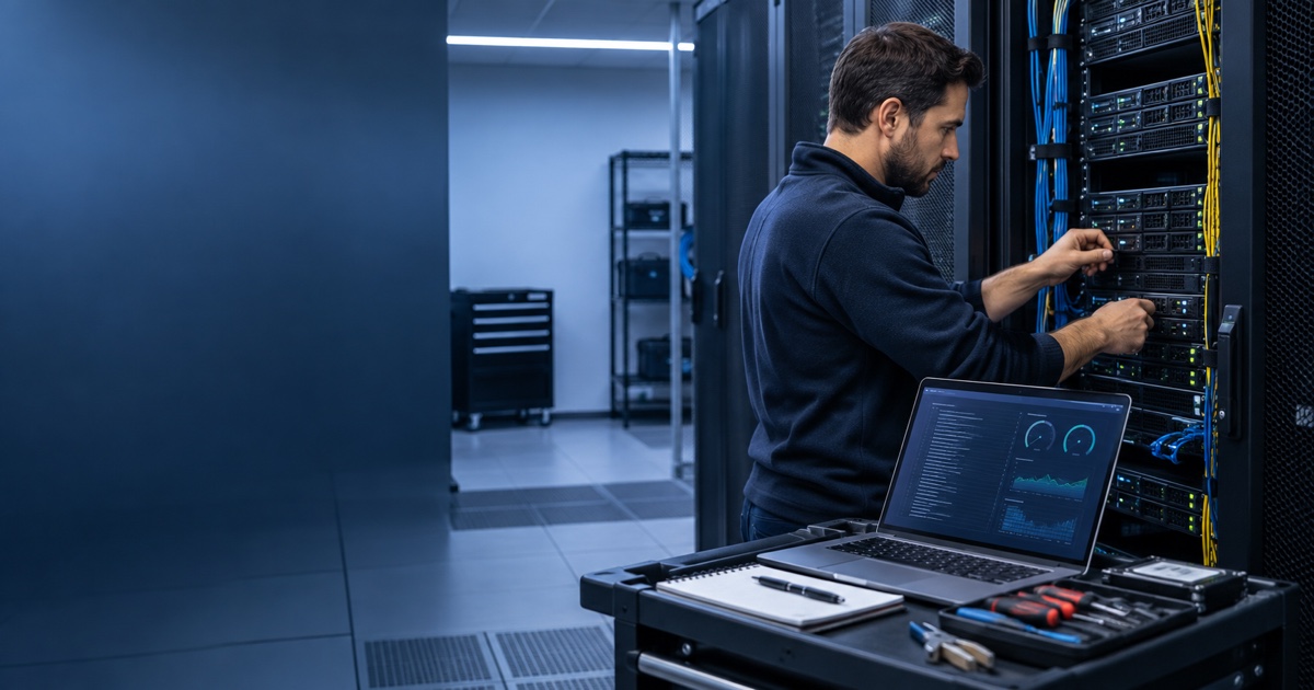 Linux systems engineer carrying out planned maintenance on rack servers with a health dashboard