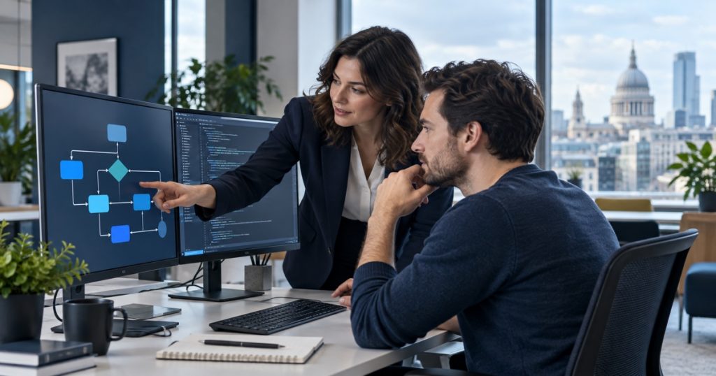 Business analyst and developer comparing visual workflow automation with custom code