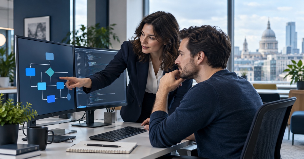 Business analyst and developer comparing visual workflow automation with custom code