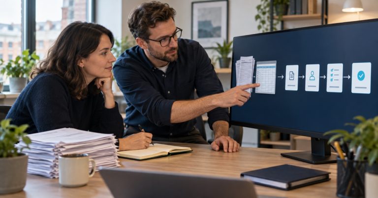 Operations team mapping paper and spreadsheet work into a controlled digital workflow