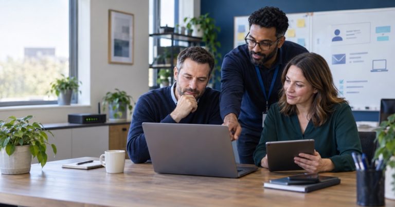 Small-business team reviewing Microsoft 365 account, email and device security with an IT specialist