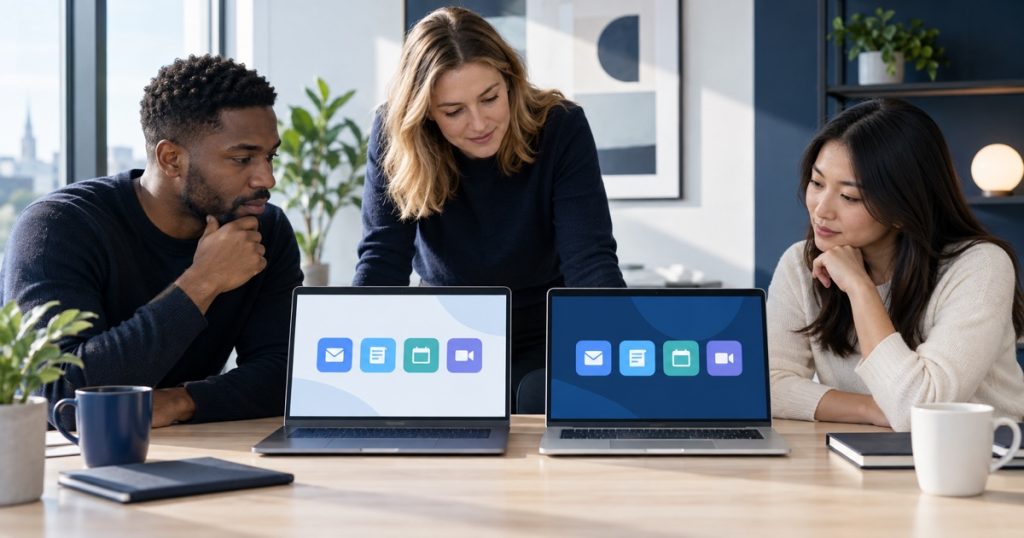 Startup team comparing two neutral cloud email and collaboration workspaces