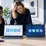Startup team comparing two neutral cloud email and collaboration workspaces