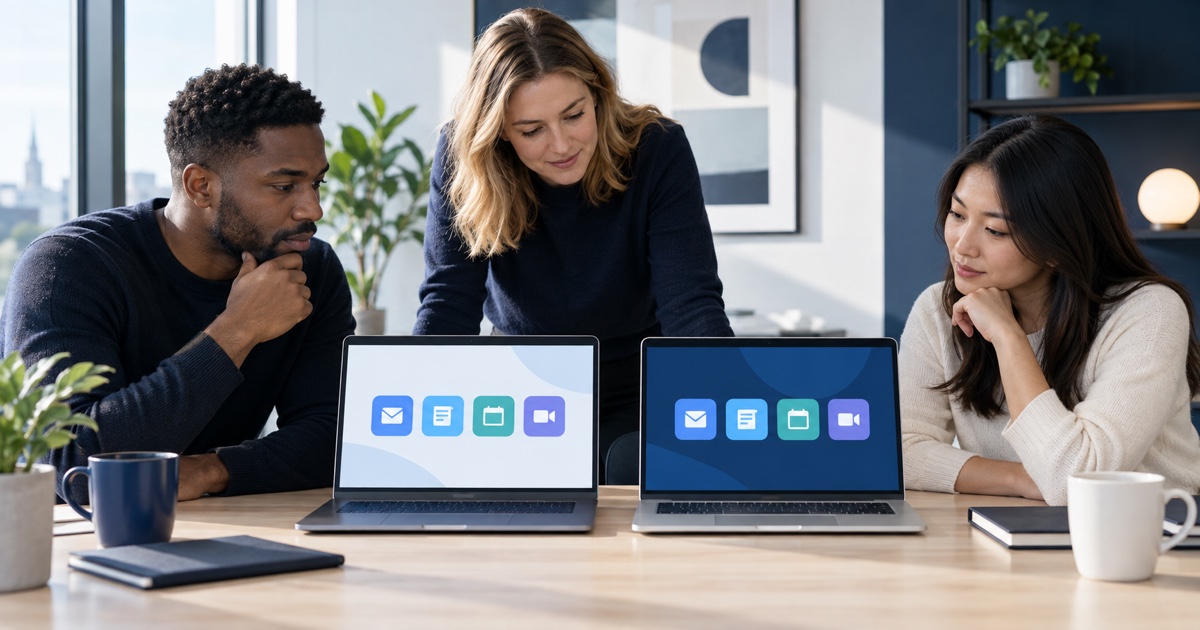 Startup team comparing two neutral cloud email and collaboration workspaces