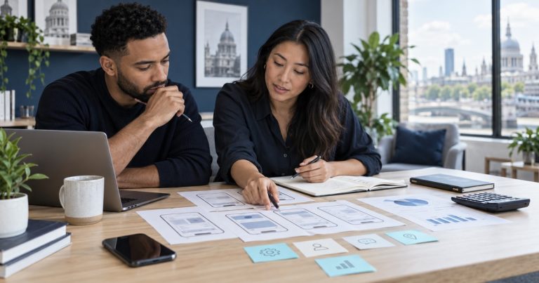 Founder and mobile product designer planning app features, delivery scope and budget