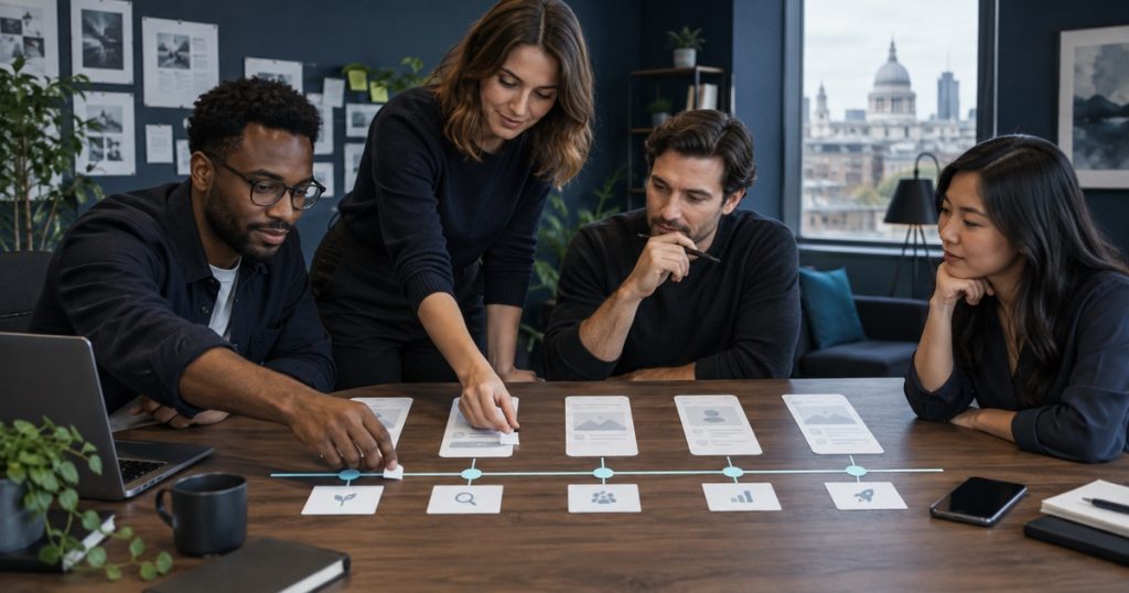 Product team arranging prototype screens and milestones for a focused MVP release
