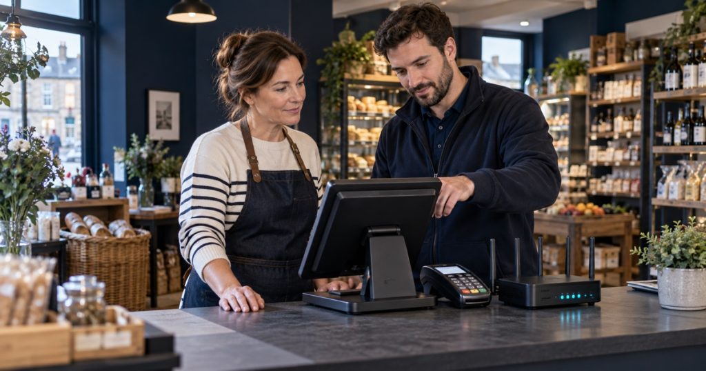 Independent retailer and IT technician checking a till, card terminal and store network