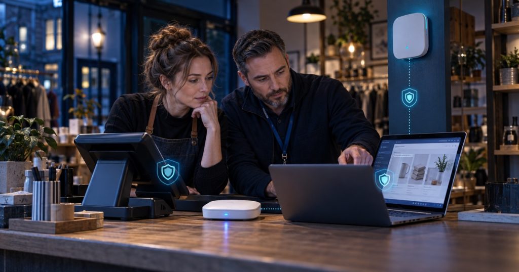 Independent retailer and security specialist reviewing shop systems and network access