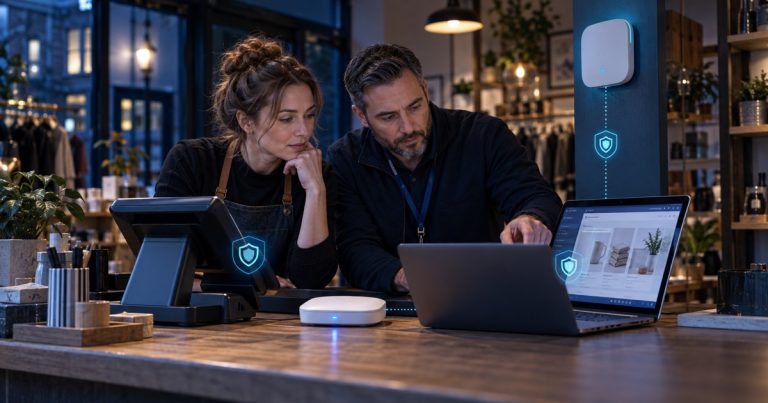 Independent retailer and security specialist reviewing shop systems and network access