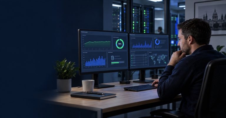 Infrastructure engineer reviewing server availability, capacity, backup and security monitoring