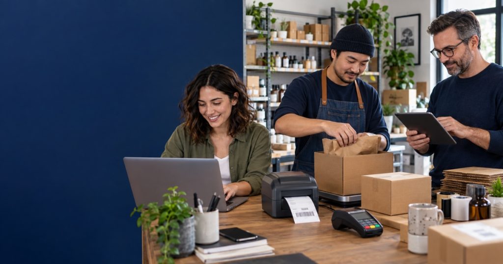 Retail team testing the flow from online payment to shipping label and packed parcel