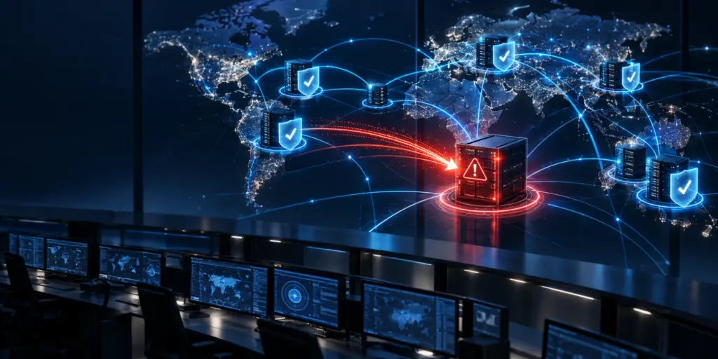 Global web infrastructure under a critical PHP security alert, with exposed and patched servers highlighted