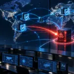 Global web infrastructure under a critical PHP security alert, with exposed and patched servers highlighted