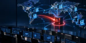 Global web infrastructure under a critical PHP security alert, with exposed and patched servers highlighted